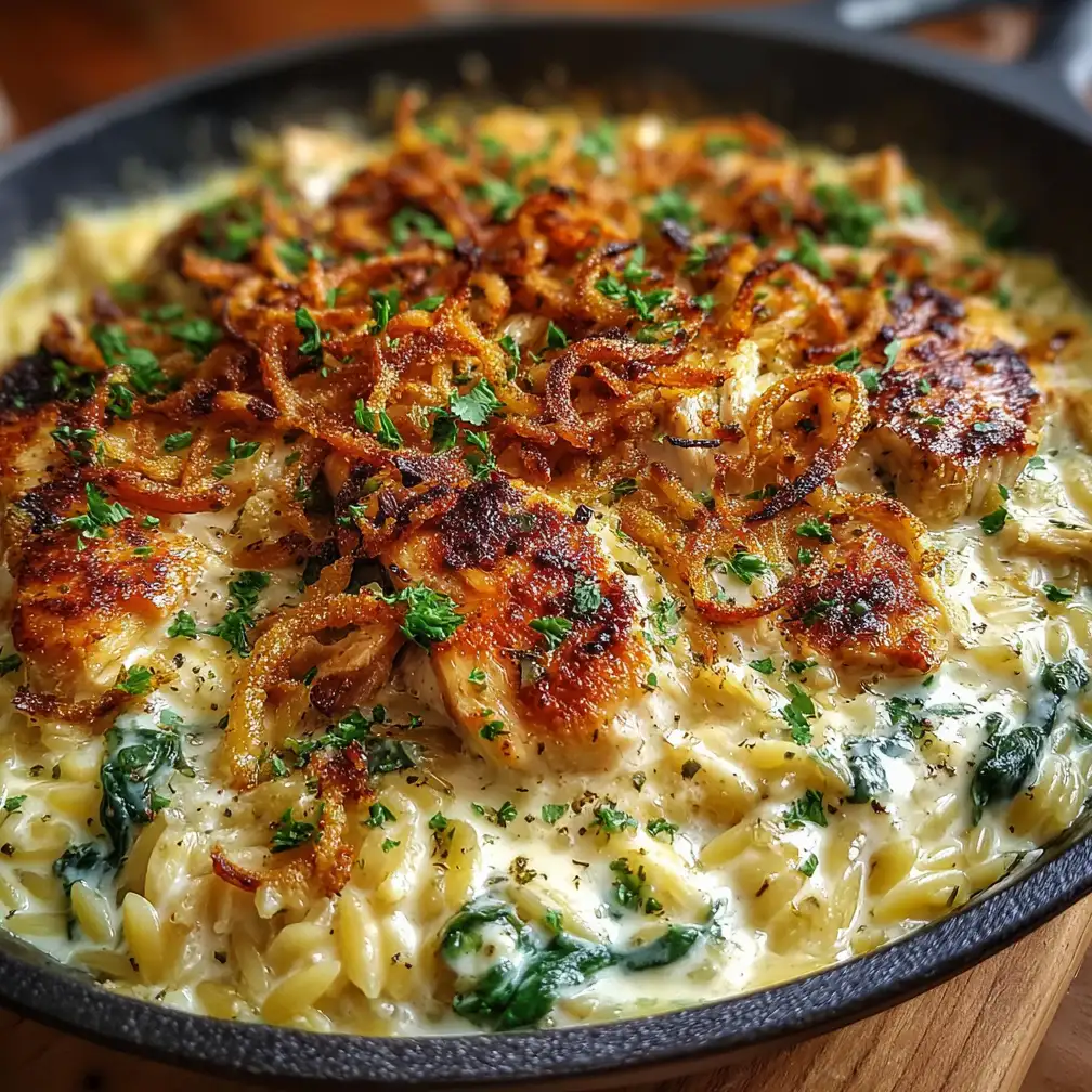 Creamy Spinach Chicken Orzo Bake