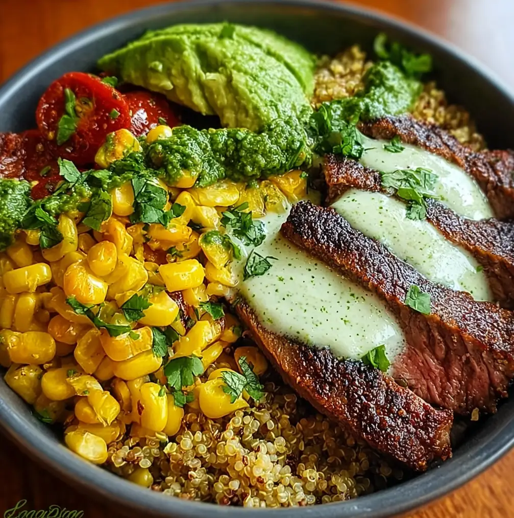 Steak Avocado Roasted Corn Bowl with Cilantro Cream Sauce 1 1