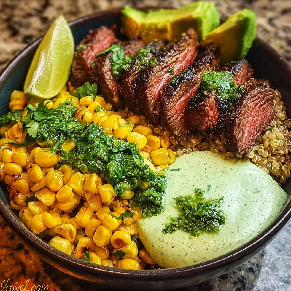 Steak Avocado Roasted Corn Bowl with Cilantro Cream Sauce