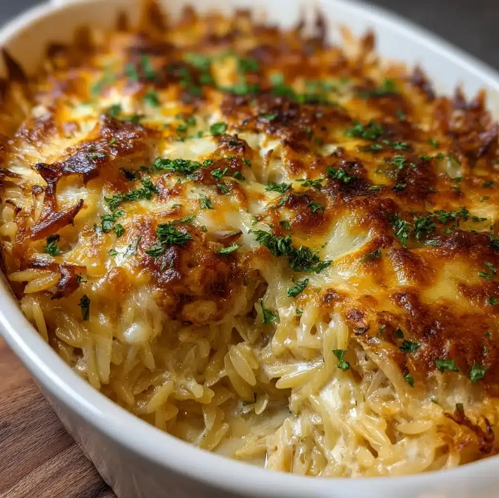 French Onion Chicken Orzo Casserole