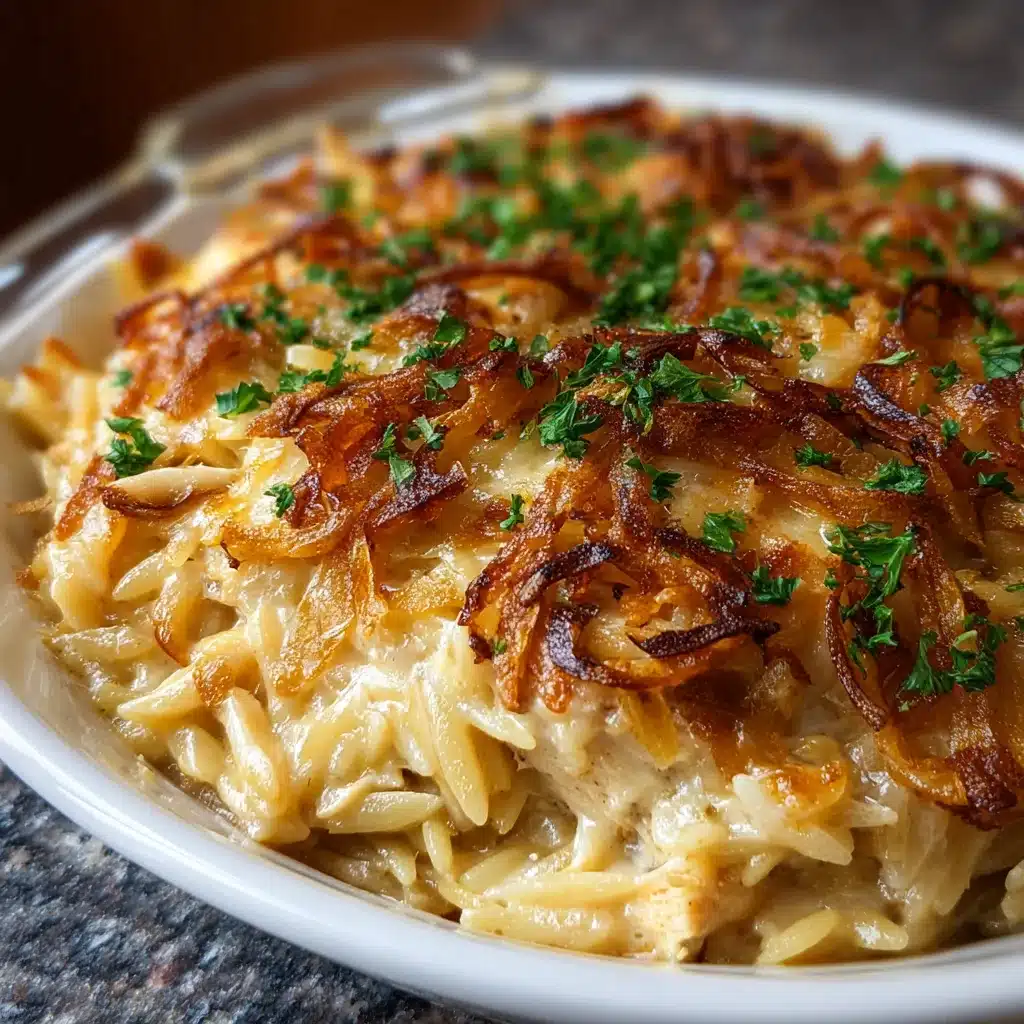 French Onion Chicken Orzo Casserole