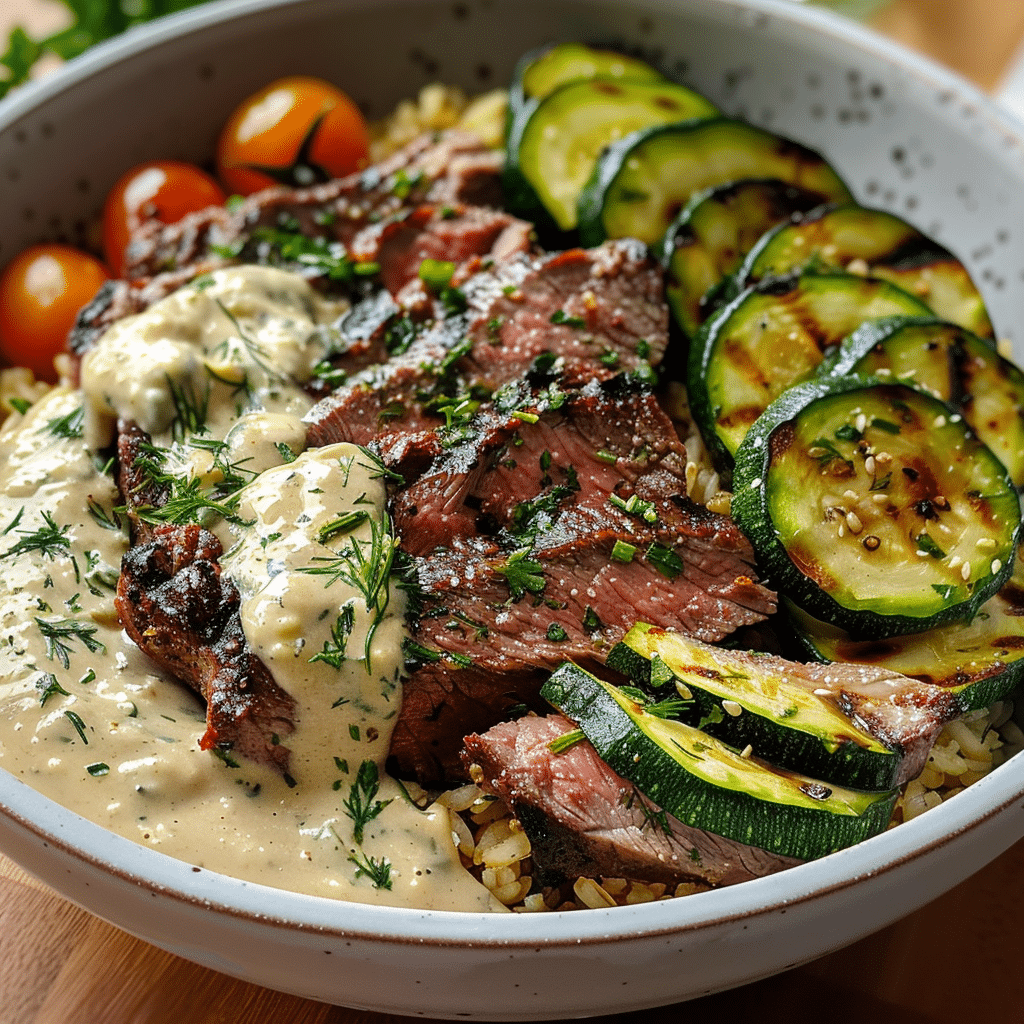Grilled Steak Bowl with Creamy Sauce & Zucchini 4 Grilled Steak Bowl with Creamy Sauce Zucchini 1