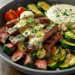 Grilled Steak Bowl with Creamy Sauce Zucchini
