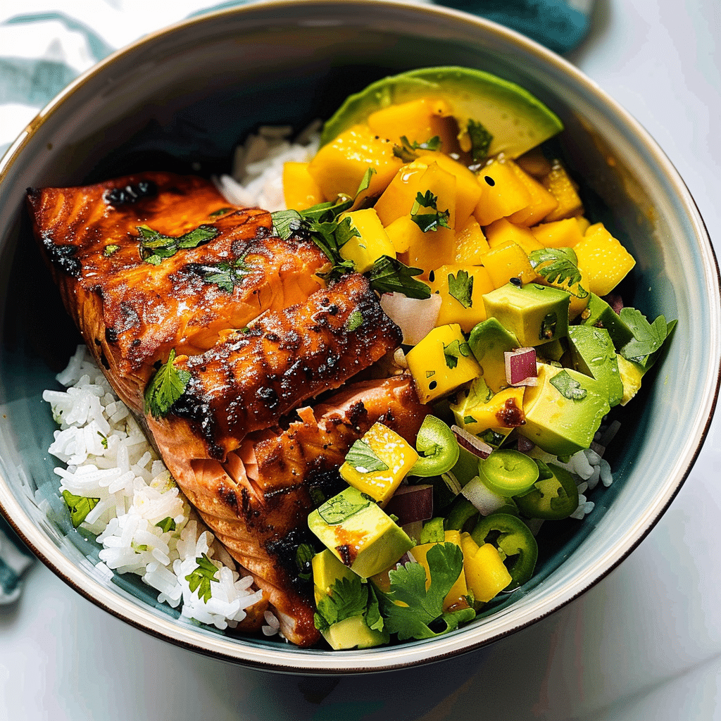 BBQ Salmon Bowls with Mango Avocado Salsa 4 BBQ Salmon Bowls