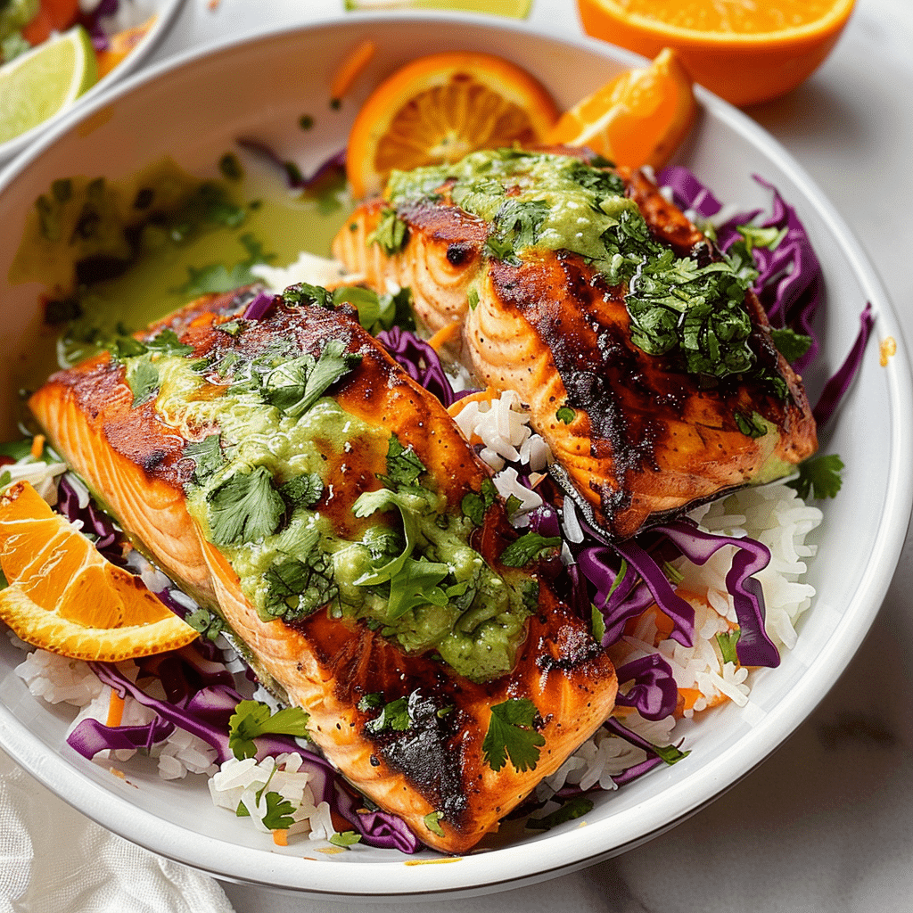 Chipotle Salmon with Orange Salsa and Aji Verde