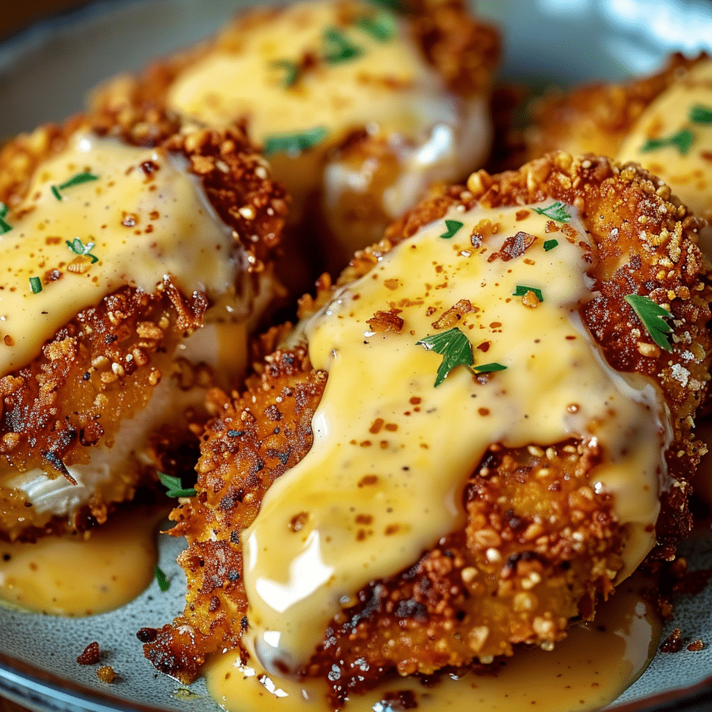 Pretzel Chicken with Mustard Cheddar Sauce b