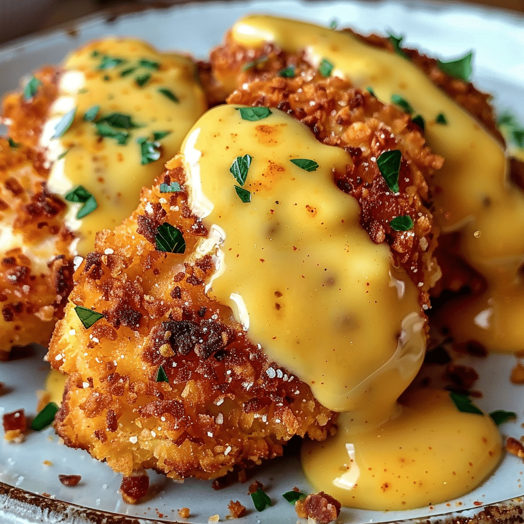 Pretzel Chicken with Mustard Cheddar Sauce